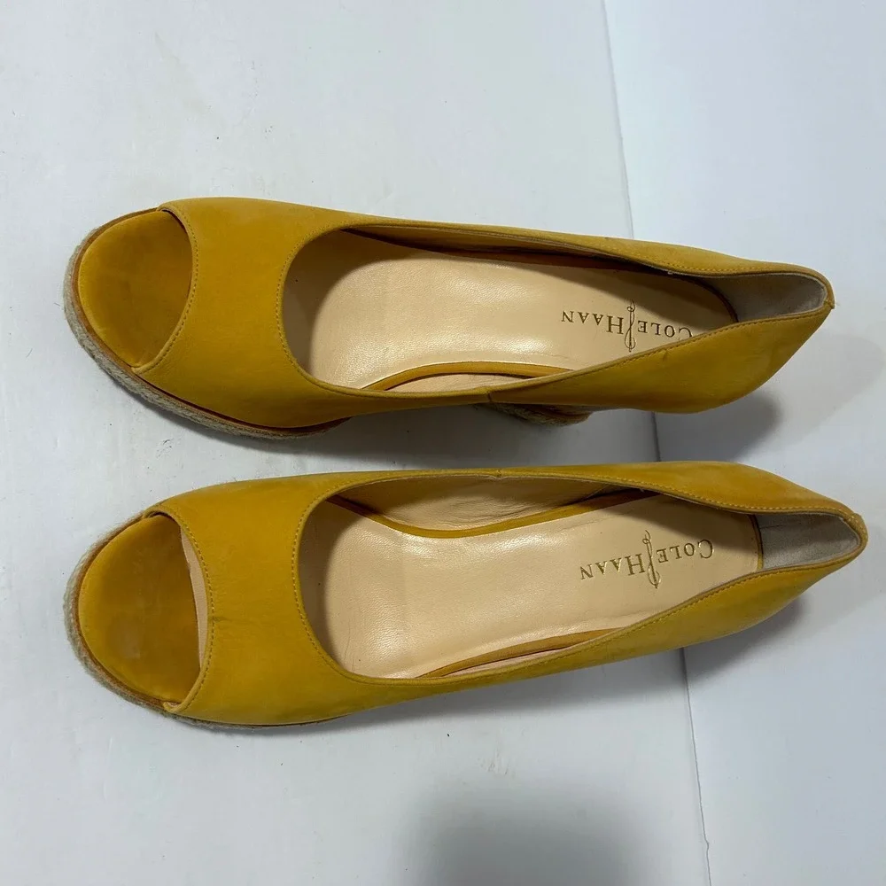 Cole Haan Peep Toe Wedges Women 9.5B Mustard Yellow Good Cork Espadrille D38122